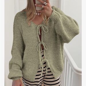Tie-Front Olive Knit Cardigan - Women's Soft Buttonless Sweater